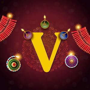 Golden letter V with Diwali decorations