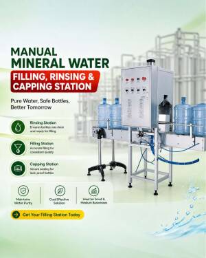 A high-quality manual mineral water bottle filling, rinsing, and capping station with a sleek industrial design for small to medium businesses.