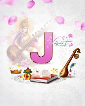 Vasant Panchami celebration with Goddess Saraswati, musical instruments, and a large letter 'J'