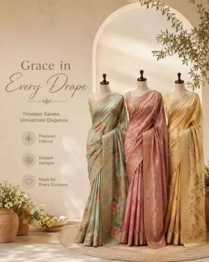 Three mannequins wearing elegant floral sarees in pastel shades of green, pink, and yellow against a neutral arched background
