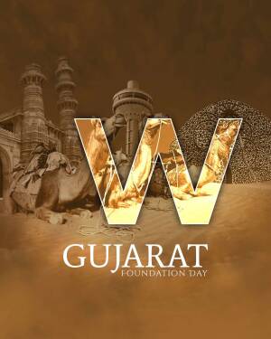 Gujarat Foundation Day poster with the letter 'W' and historical landmarks