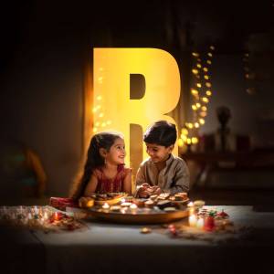 Two children celebrating Raksha Bandhan with sweets and a large illuminated letter 'R'.