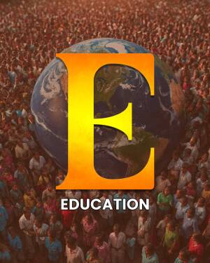 A large letter 'E' superimposed over an image of Earth, with a crowd of people in the foreground. The word 'EDUCATION' is written below the 'E'.