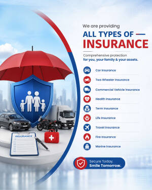 A comprehensive insurance advertisement poster showing various types of coverage with icons for car, motorcycle, health, life, travel, and fire insurance.