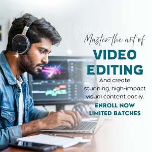 Man wearing headphones editing video on a laptop
