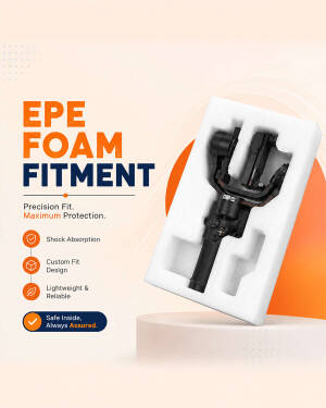 A gimbal placed in a custom-molded white EPE foam protective insert for safe storage and transport.