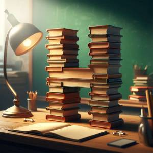 A stack of books arranged to form the letter 'H' with a desk lamp and stationery
