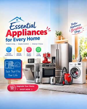 A collection of modern home appliances including a refrigerator, dishwasher, oven, blender, kettle, vacuum, and washing machine in a bright kitchen setting.
