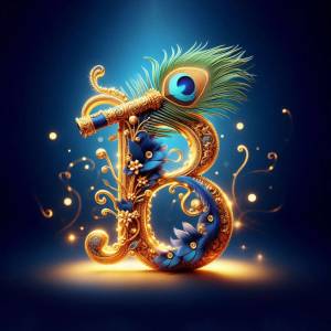 A golden letter 'B' adorned with vibrant peacock feathers and floral details, illuminated with a soft glow.