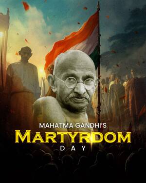 Portrait of Mahatma Gandhi with a crowd and the Indian flag in the background, commemorating Martyrdom Day.
