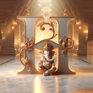 A golden letter 'H' with an image of Lord Ganesha embedded within it, set in a luxurious interior.