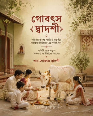 An Indian family praying to a cow and calf during the traditional festival of Gobatsa Dwadashi.
