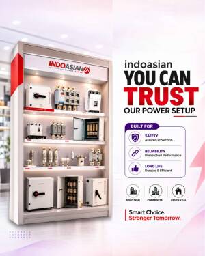 A display rack showing various IndoAsian electrical distribution and protection equipment with marketing text