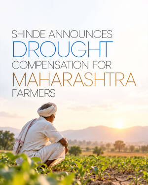 An Indian farmer crouching in a sunlit field, symbolizing the announcement of drought compensation.