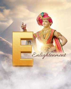 Image of Swaminarayan with a golden letter 'E' and the word 'Enlightenment'