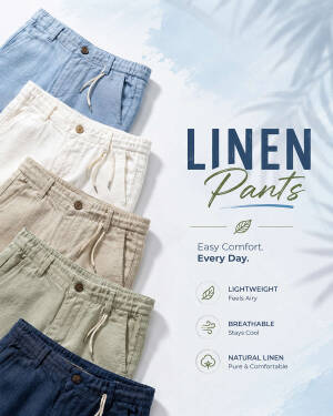 A vertical display of linen pants in various colors including light blue, white, beige, khaki, and navy blue