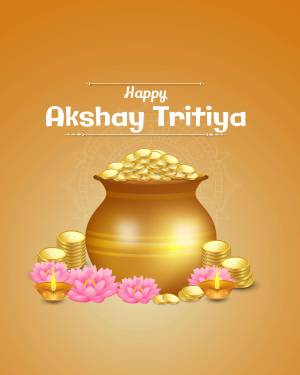 Akshaya Tritiya celebration with gold coins, pot, and flowers