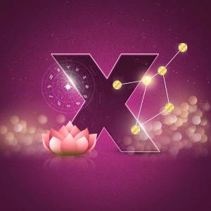 Letter X with astrological symbols, constellation, and a lotus flower on a purple background.