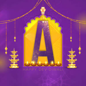 Golden 'A' letter with Diwali lamps and decorations