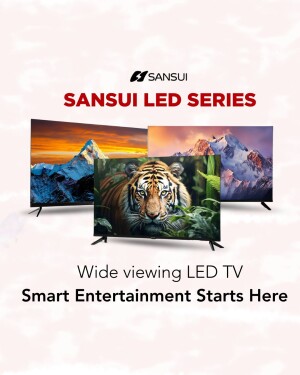 Sansui LED Series Smart TVs displaying mountain and tiger images on a white background