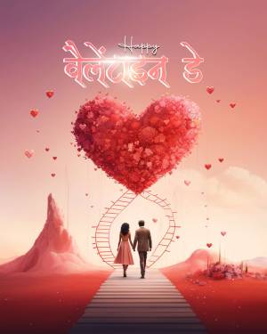 A romantic Valentine's Day image with a heart-shaped floral arrangement and a couple walking towards the horizon.