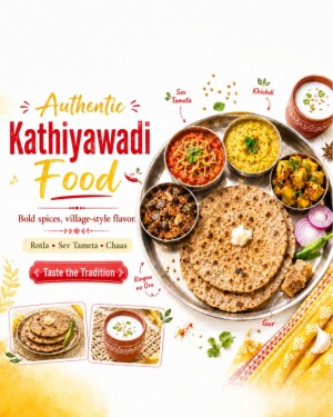 A traditional Kathiyawadi thali featuring rotla, sev tameta, khichdi, and chaas on a white background with descriptive text.