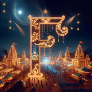 A glowing letter 'F' incorporating a Diwali festival scene with temples and lights.