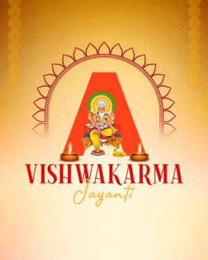 Vishwakarma Jayanti greeting with Lord Vishwakarma and decorative elements