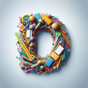 Letter O made of colorful school and office supplies