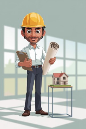 Cartoon illustration of an architect presenting a building model.