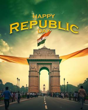 India Gate with the Indian flag and 'Happy Republic Day' text