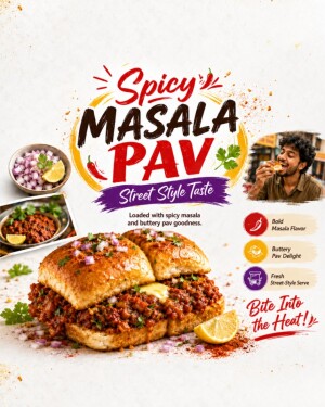 A promotional graphic for Spicy Masala Pav featuring fresh street-style food, ingredients, and a happy person eating.