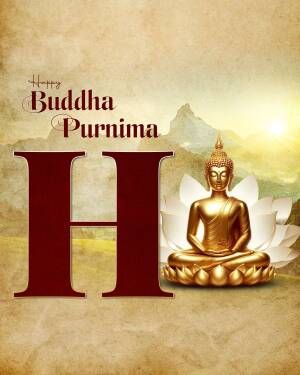 Buddha Purnima greeting with a golden Buddha statue and landscape