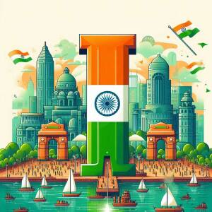 Illustration of the letter 'I' decorated with the Indian flag and iconic landmarks.