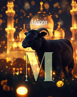Black sheep with the Mecca skyline and Arabic letter 'M' in the background