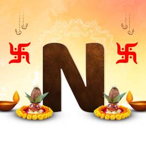 Letter N with Diwali decorations including Swastika, Diya and Kalash