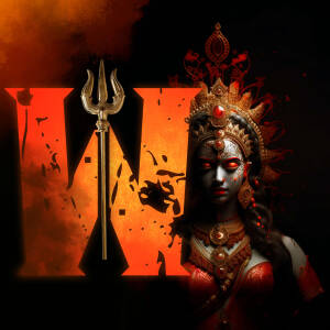 Digital art featuring the letter 'W' with Goddess Durga's image integrated into the design.