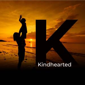 Silhouette of a parent lifting a child against a sunset with a large letter 'K' in the foreground.