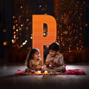 Two young children celebrating Diwali with sweets and lights.