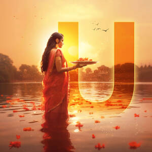 A woman offering prayers during Chhath Puja at sunrise.