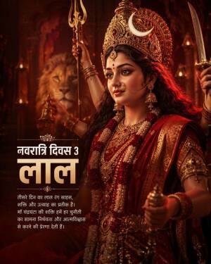 Goddess Durga represented as Maa Chandraghanta with a lion background, symbolizing strength and courage for Navratri Day 3.