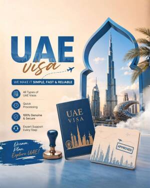 Advertisement for professional UAE visa application services featuring Burj Khalifa, passport, and official stamp