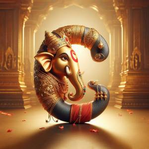 Digital art of Lord Ganesha shaped like the letter 'G', golden and ornate.