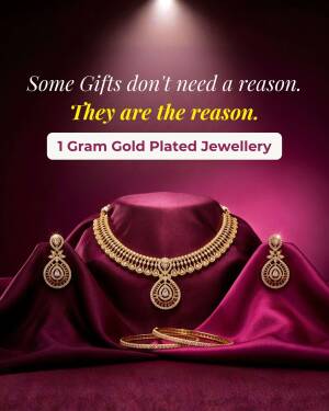 A luxurious 1 gram gold-plated necklace set displayed on a deep magenta silk cloth background.