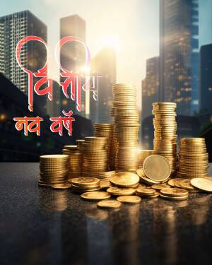 Pile of gold coins with text 'New Year' in Hindi and English