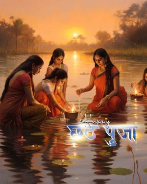 Women performing Chhath Puja rituals in a river at sunset