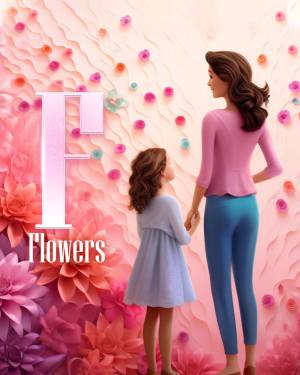 Animated image of a mother and daughter holding hands in front of a large 'F' and flowers.