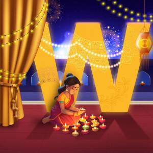 Illustration of a woman lighting diyas during Diwali with large golden 'W' letters in the background.