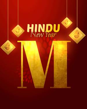 Hindu New Year greeting with golden letter 'M' and decorative elements