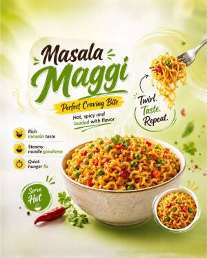 Delicious bowl of Masala Maggi noodles with vegetables on a light green background